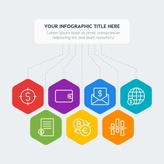 Flat geometric money, charts infographic steps template with 7 options for presentations, advertising, annual reports