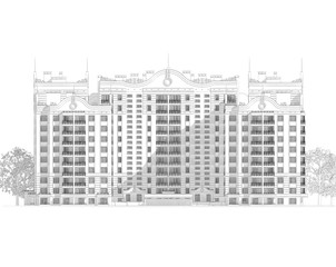3d pencil sketch illustration of a modern multistory building exterior facade and yard landscape design