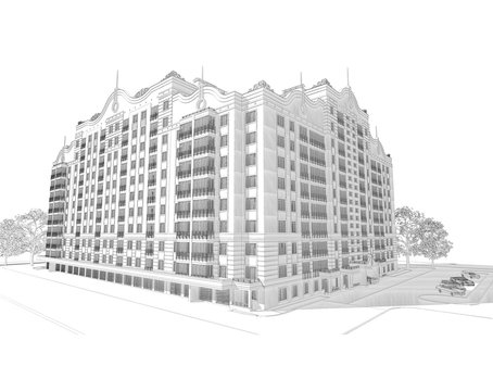 3d pencil sketch illustration of a modern multistory building exterior facade and yard landscape design