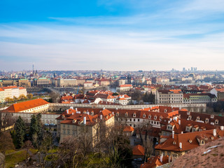 Fototapeta na wymiar Prague Czech Republic cityscape view blue sky orange roof space old town building landmark historical city.
