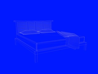 3d rendering of a bed blueprint as lines on a blue background