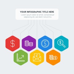 Flat geometric money, charts infographic steps template with 7 options for presentations, advertising, annual reports