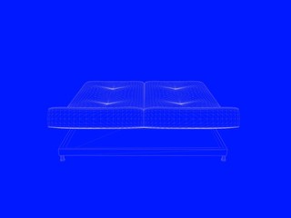 3d rendering of a bed blueprint as lines on a blue background