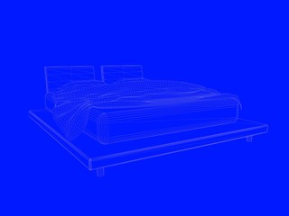 3d rendering of a bed blueprint as lines on a blue background