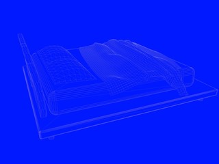 3d rendering of a bed blueprint as lines on a blue background