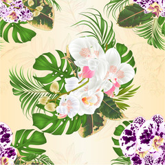 Seamless texture bouquet with tropical flowers spotted  and white orchids Phalenopsis  floral arrangement, with beautiful  palm,philodendron and ficus vintage vector illustration  editable hand draw