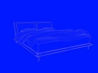 3d rendering of a bed blueprint as lines on a blue background