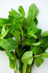 Close up of fresh mint leaves on white background. Selective focus