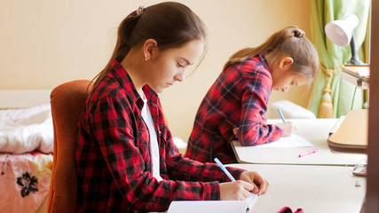 Portrait of two teenage girls doing homework at home