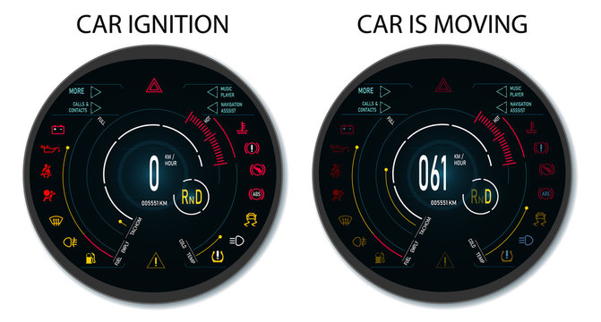 Digital automotive dashboard of a modern car. Graphic display when the ignition is switched on and when the vehicle is moving. Illustratio
