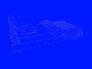 Fototapeta na wymiar 3d rendering of a bed blueprint as lines on a blue background