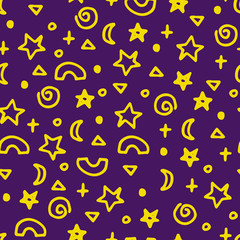 Abstract night seamless pattern with geometric shapes - moon, star, swirl, ring, triangle. Vector illustration.