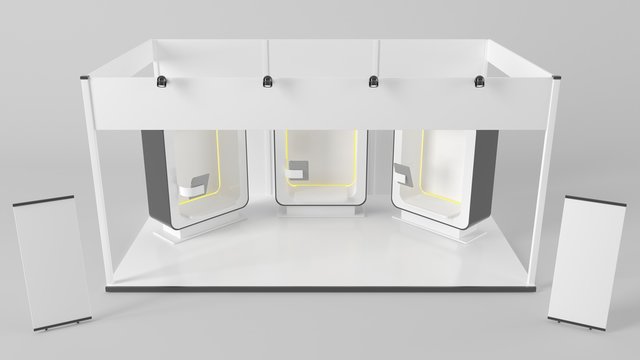 3d Rendering Of A Futuristic Exhibition With Three Booths And An Ipad Holders Inside A Studio