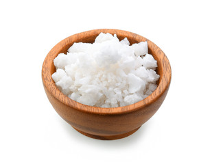 salt in wood bowl on white background