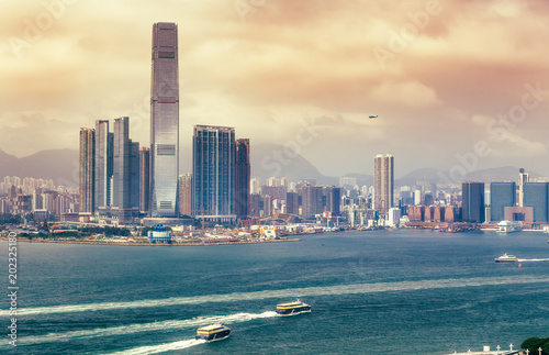 Scenic Skyline Of Hong Kong With Skyscrapers Aerial View On