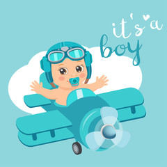 It's A Boy Beautiful Vector Card. Cute Airplane With Arrival Boy Aviator. Cartoon Illustration With Ahoy It's A Boy. Baby Shower Invitation Card.