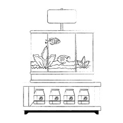 shelving of veterinary store with aquariums and products vector illustration