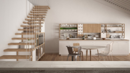 Wooden vintage table top or shelf closeup, zen mood, over blurred white wooden kitchen, loft with stairs, white architecture interior design