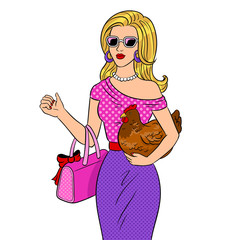 Stylish beauty girl with chicken pop art vector