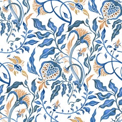 Seamless vintage pattern of Abstract Flowers. Watercolor Hand Drawn background