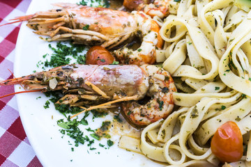 Pasta with Shrimp Dinner Dish on a the table