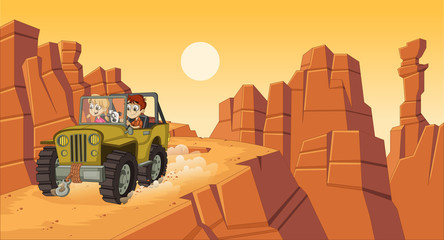Cartoon children driving a car on the canyons.  Off road adventure. © denis_pc