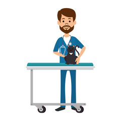 veterinary doctor with cat in stretcher avatar character vector illustration design