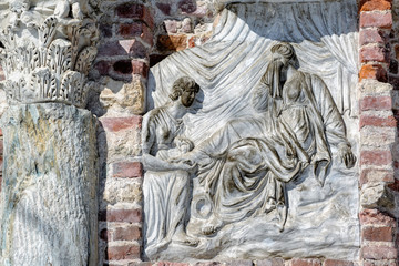Plaster bas-relief on the wall of the pavilion Kitchen-ruin in the Catherine park in Pushkin...