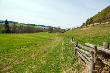 Fototapeta na wymiar Countryside landscape with lush green grass and wooden fence