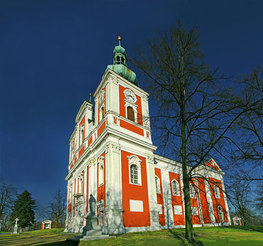 The Pilgrimage Church on the Cvilin Hill. The Pilgrimage Church of the Elevation of the Holy Rood and Our Lady on Cvil&iacute;n Hill was built from 1722 to 1728. Krnov, Moravia, Czech Republic