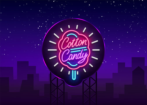 Cotton candy neon sign. Cotton candy logo in neon style symbol banner light, bright cotton candy night advertising, billboard. Design template. Vector illustration. Billboard