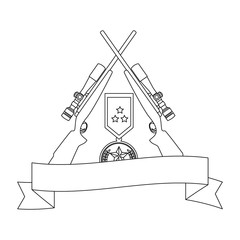 sniper rifles crossed with medal and ribbon vector illustration design