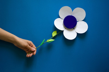 women's hands holding paper flowers on blue paper background. Paper cut. Top view