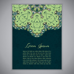 Greeting card, invitation or flyer template with ethnic mandala ornament. Hand drawn vector illustration