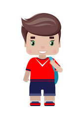 boy in a red sports uniform and yellow backpack, smiling.in cartoon style