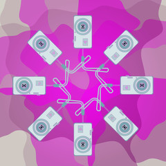 Vector illustration of digital cameras with WiFi and with wrist straps on a pink background. Flat style.