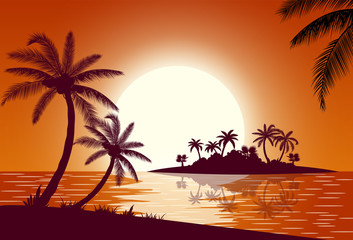 Fototapeta na wymiar Sunset with palms at sea