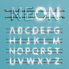 Realistic neon font with wires and console, vector illustration