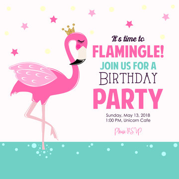 Cute flamingo birthday party invite © Elena Baryshkina