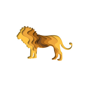 Paper cut lion, safari animals shape 3D origami. Trendy concept fashion design. Vector illustration