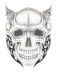 Art Surreal Skull Tattoo. Hand pencil drawing on paper.
