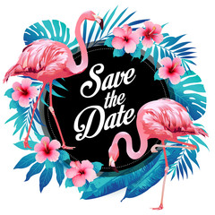 Blue summer tropical palm leaves with exotic flamingo and hibiscus flowers. Vector floral background. - obrazy, fototapety, plakaty