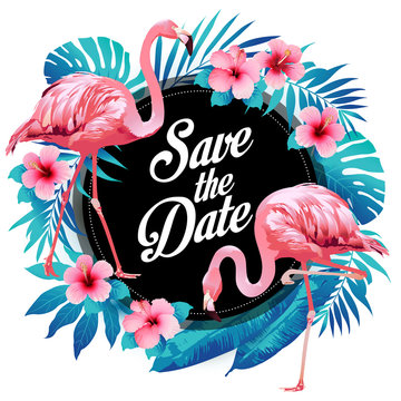 Blue summer tropical palm leaves with exotic flamingo and hibiscus flowers. Vector floral background.