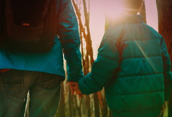 father and son holding hands in sunset nature