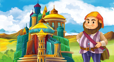 Cartoon scene of some miner or dwarf near big and colorful castle - illustration for children