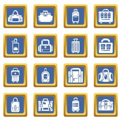 Bag baggage suitcase icons set vector blue square isolated on white background 