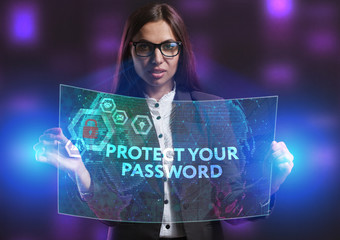 The concept of business, technology, the Internet and the network. A young entrepreneur working on a virtual screen of the future and sees the inscription: Protect your password