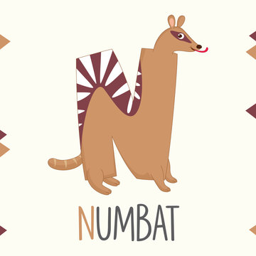 Illustrated Alphabet Letter N And Numbat