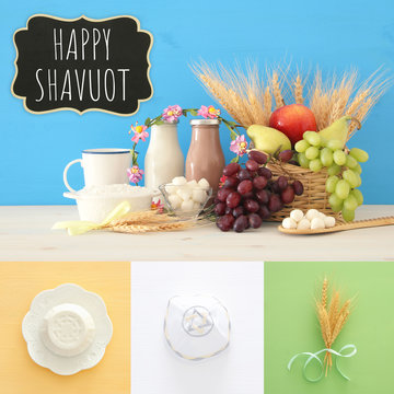 collage of dairy products and fruits. Symbols of jewish holiday - Shavuot.