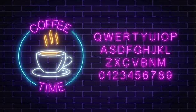 Neon coffee house signboard in circle frame with alphabet on a dark brick wall background. Hot drink and food cafe sign